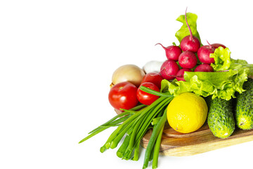 Fresh vegetables and fruits isolated on white background. Healthy eating concept.