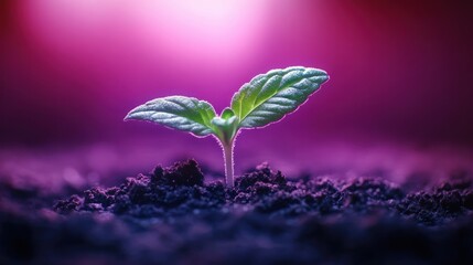 Close-up of a small green seedling sprouting from dark soil with a vibrant purple and pink gradient background symbolizing growth and new beginnings