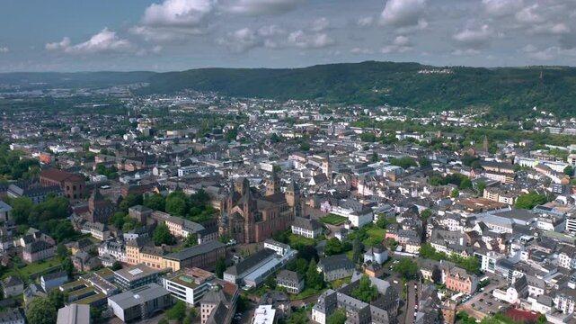 Summer skyline cityscape of Trier, Rhineland-Palatinate, Moselle, Germany. Wide panoramic aerial view of Trierer Dom (Trier Saint Peter's Cathedral) and city landmarks