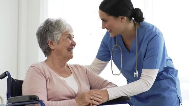 Compassionate Caregiver Interacts with Smiling Elderly Woman in Wheelchair in Bright Indoor Setting
