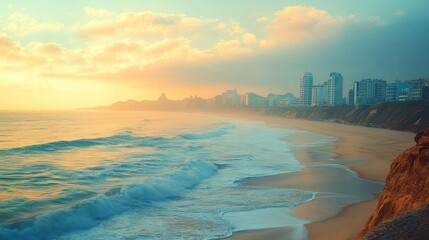 Calm ocean waves gently rolling onto a sandy beach at sunrise with a city skyline under a partly cloudy sky