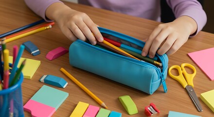 Pencil case with pencils on wooden table