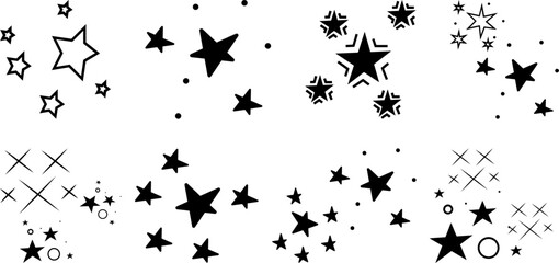 Black and white star icons set with sparkle elements in assorted styles and shapes for decoration, festive design, or magical night sky effects

