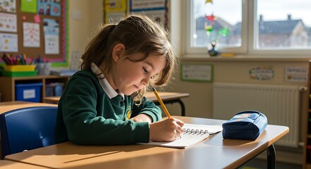 Naklejka premium Girl writing in notebook at school desk