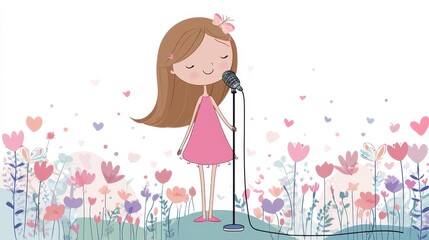Girl Singing into Microphone Amidst Floral Meadow Illustration
