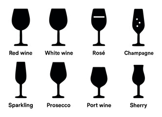 Silhouette icons of various wine glasses and their types displayed