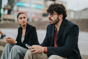 Two young business people are having a focused outdoor discussion, exchanging ideas and thoughts....