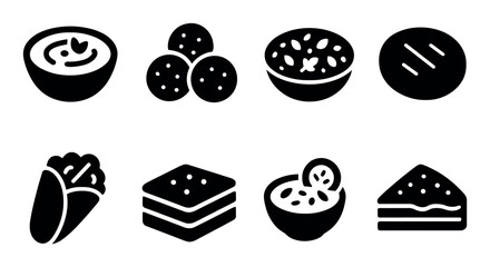 Assorted food icons: soup, snacks, and desserts silhouette set