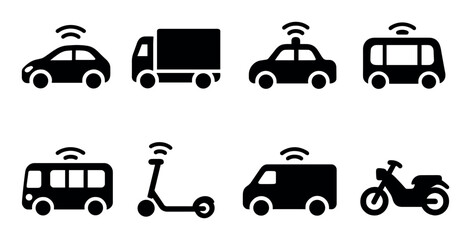 Set of autonomous vehicle icons: car, bus, scooter, truck, van