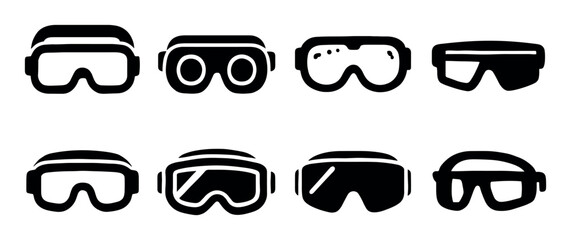 Different styles of goggles silhouette icons in black and white