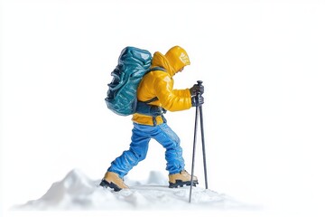 Miniature figure of a hiker dressed in yellow jacket with hood, blue pants, and brown boots walking on snow with trekking poles and carrying a large green backpack