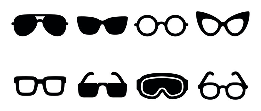 Various types of eyeglasses and sunglasses silhouette vector set