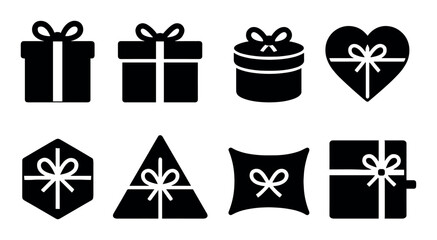 Various black gift box silhouettes with bows on white background