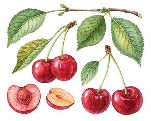 cherry fruits leaves collection realistic botanical watercolor illustration