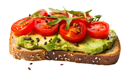 Avocado toast with sliced tomatoes and arugula on a white background close up view