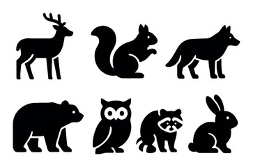 Silhouette icons of forest animals: deer, squirrel, wolf, and more