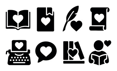 Heart icons of reading, writing, and books collection