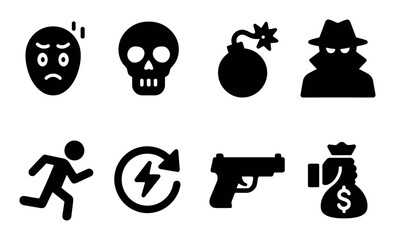 Crime symbols set: skull, gun, bomb, thief, money bag, running