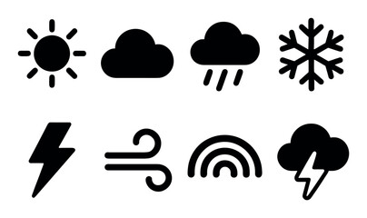 Simple weather icons: sun, cloud, rain, snow, lightning, wind, rainbow