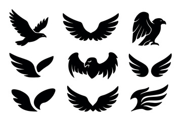 Obraz premium Set of nine black bird and wing silhouettes with varied designs