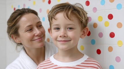 A joyous moment between a mother and her smiling son in a colorful room. Their bond radiates happiness and warmth, captured in a delightful and lively atmosphere.