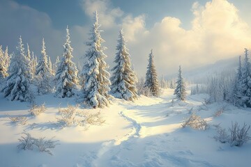 snow-covered pine trees stand tall under a cloudy sky with soft sunlight illuminating a snowy landscape and a winding path through the snow