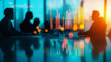 A group of business professionals analyzes digital bar charts in a modern office with sunset light streaming through windows. - Powered by Adobe