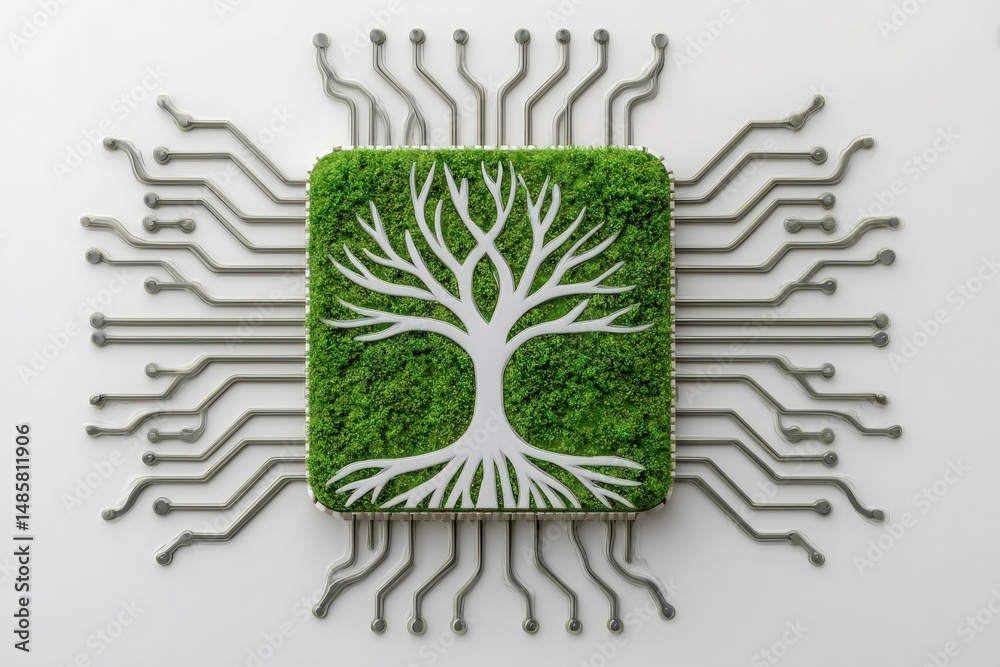 Fototapete a circuit board design showcases a tree surrounded by green moss in a central square. this artwork e