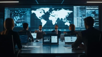 A team of professionals analyzes global data and charts on laptops in a modern control room with a world map display. - Powered by Adobe