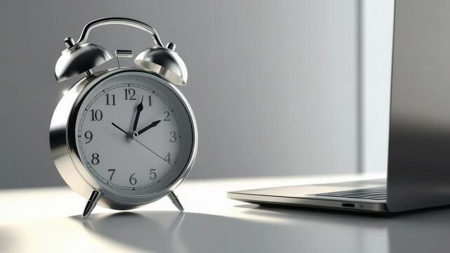 A classic silver alarm clock sits next to a closed laptop on a clean, bright desk.