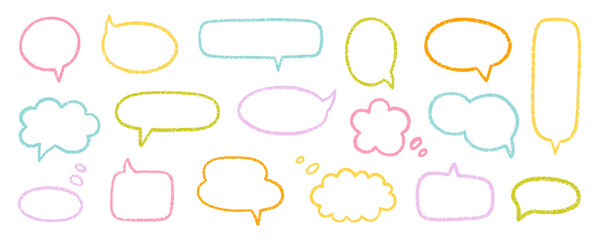 Chalk pencil speech bubbles doodle set. Crayon communication frame, comic talk balloon in sketch style, Grunge texture. Hand drawn vector illustration isolated on white background