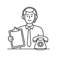 A telemarketer with a clipboard beside a ringing telephone