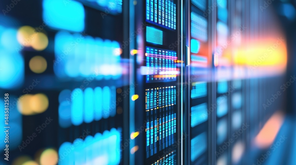 Poster Close-up of modern data servers with glowing blue panels and warm ambient light, ideal for promoting digital infrastructure, cloud networks, and enterprise IT environments