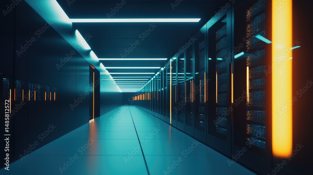 Poster futuristic server hallway with blue overhead lights and vertical orange server glows, ideal for adva