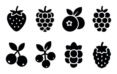Silhouette icons of various berries in black and white design