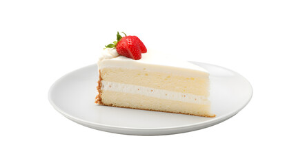 A slice of white cake with a strawberry on top sitting on a white plate on white background