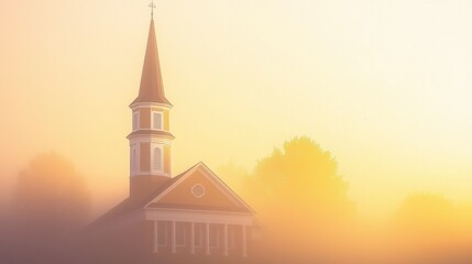 Fototapeta premium Church steeple rising through fog in early morning solitude
