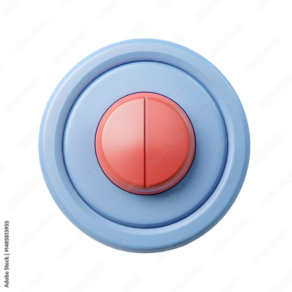Poster 3d rendering of a light blue circular object with a red button. the image shows a simple, geometric,