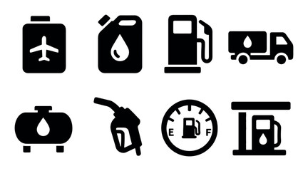 Fuel icons set: gas pump, oil truck, and gasoline can symbols