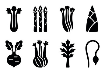 Set of eight silhouette vegetables on white background