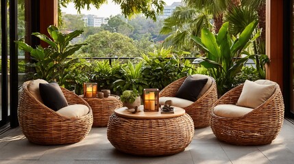 Fototapeta premium Serene outdoor seating area amidst lush greenery