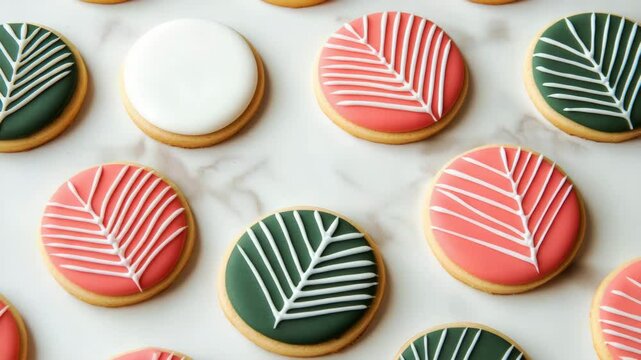 Round sugar cookies decorated with colorful icing and white leaf patterns are arranged on a marble surface.