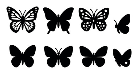 Fototapeta premium Silhouette collection of diverse butterfly shapes on white background