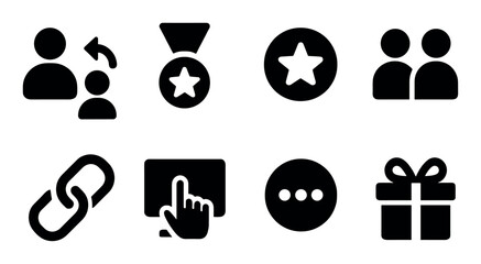 Set of eight simplistic black icons with various themes