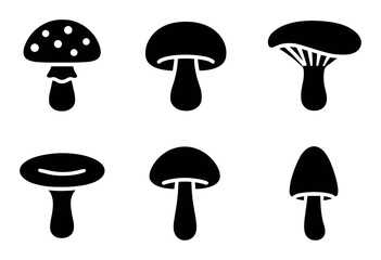 Variety of six black silhouette mushrooms on white background