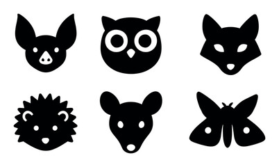 Fototapeta premium Silhouettes of bat, owl, fox, hedgehog, mouse, and moth