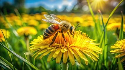 Drone Shot: Bee Pollinating Dandelion, Summer Meadow, Aerial Nature Photography