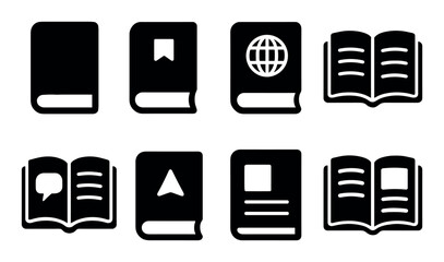 Icon set of books with various symbols in black and white
