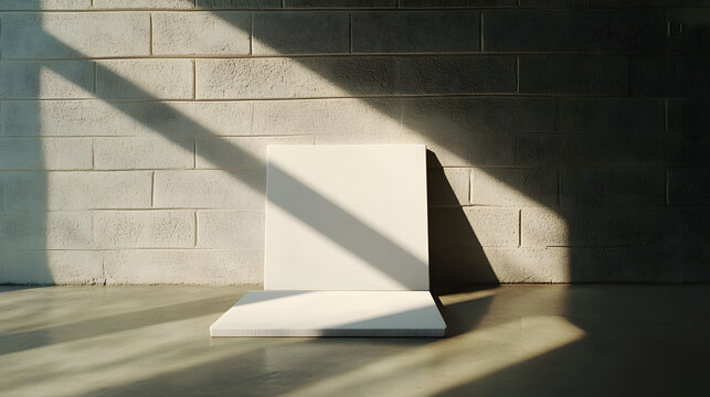 A minimalist approach to interior design is demonstrated by a blank square canvas art mockup leaning against a concrete wall, with sunlight casting a shadow, and featuring an empty frame template