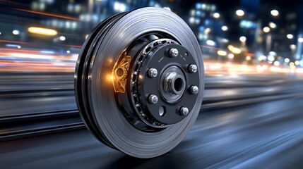 Shiny automotive disk brake illuminated downtown